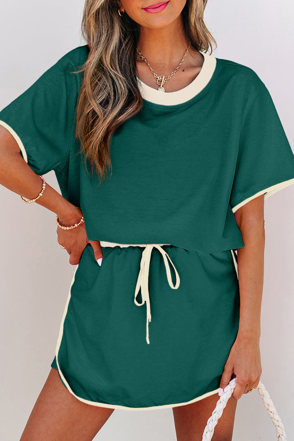 Bonbon Colorblock Edge Drop Shoulder T Shirt and Skort 2Pcs Set