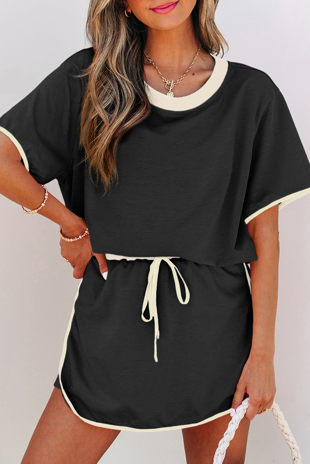 Bonbon Colorblock Edge Drop Shoulder T Shirt and Skort 2Pcs Set